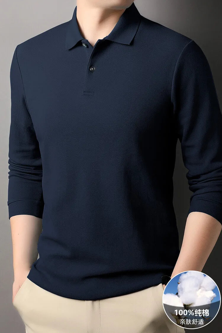 Men's 100% Cotton Polo Shirt, Four Seasons Universal Leisure Long Sleeve, Breathable Lapels T-shirt, Perfect and Durable for Golf Sports