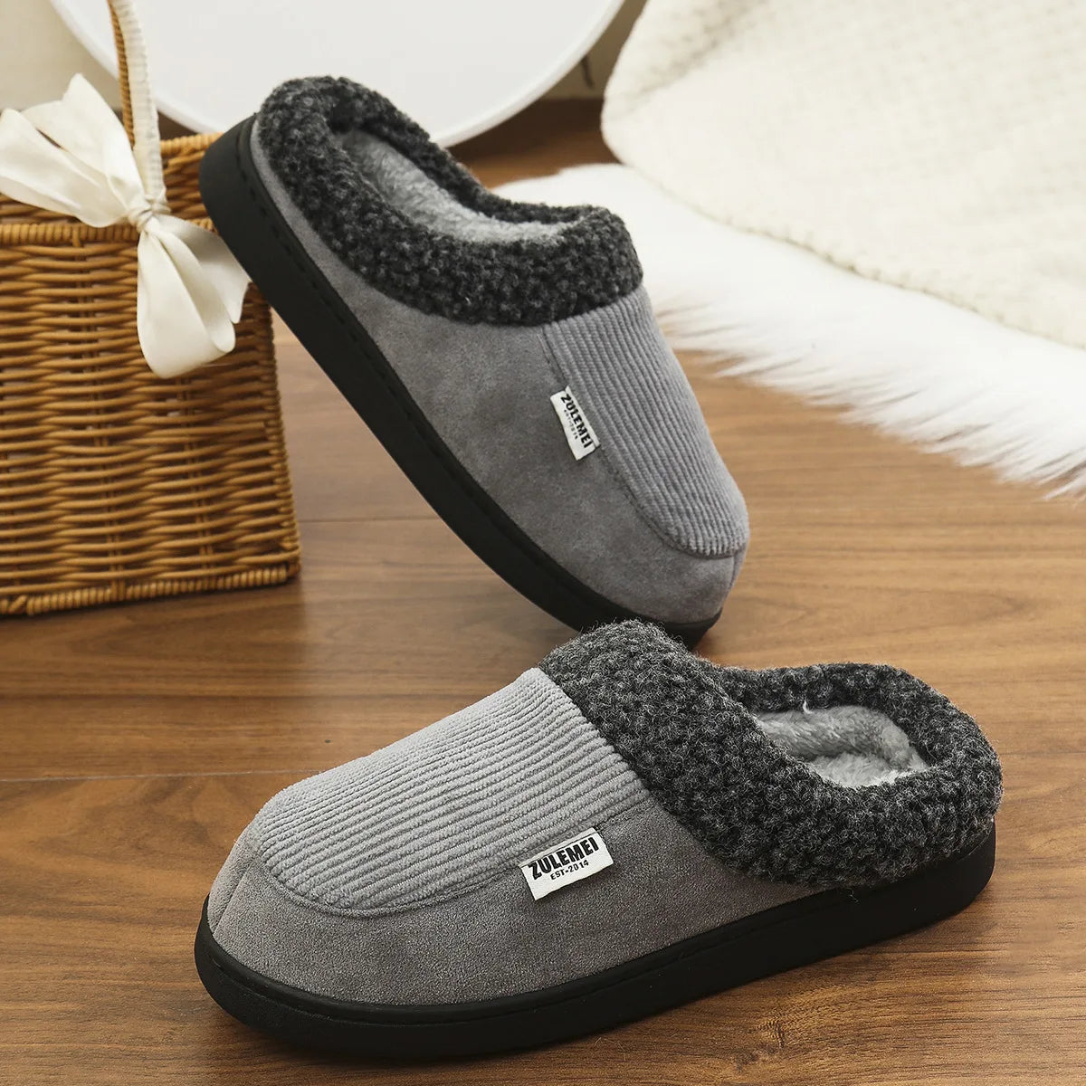 Men's Fuzzy Cotton Warm Shoes Winter Indoor Non-Slip Fluffy House Slides Fur Plush Male Cotton Slippers