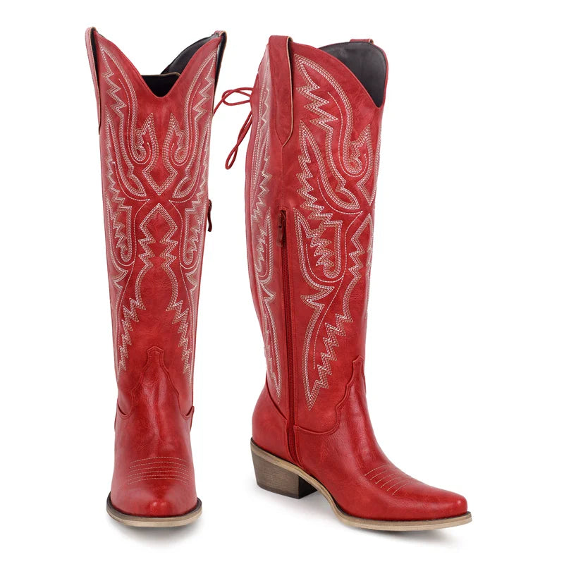 Women Pointed Toe Side Zipper Embroidered Western Cowboy Boots Block Heel Cowgirl Booties