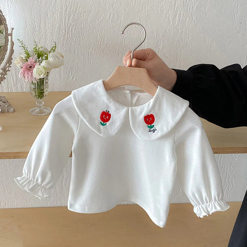 Herfst Baby Onderhemdjes Zoete Borduurwerk Bloem Strik Baby Meisjes Bottoming Shirt Peuter Dunne Kleding Tops 0-3T Meisjes