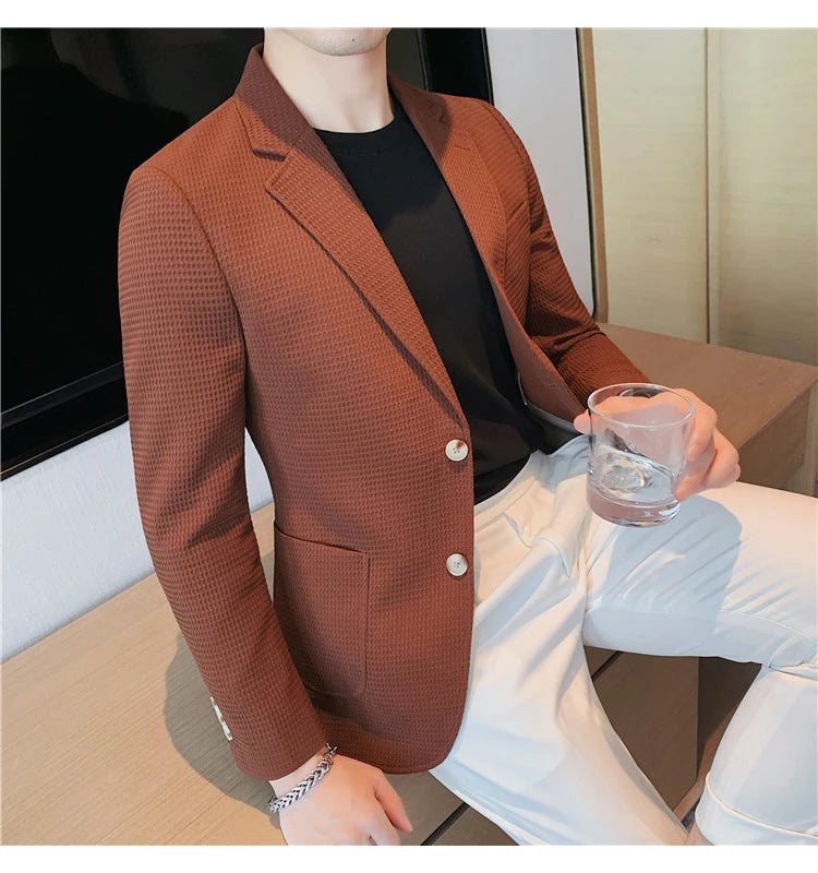 Men’s Waffle Plaid Blazer Coat, Hounds-Tooth Pattern, Wool-Blend Overcoat for Autumn & Winter - Lightweight, Stretchable