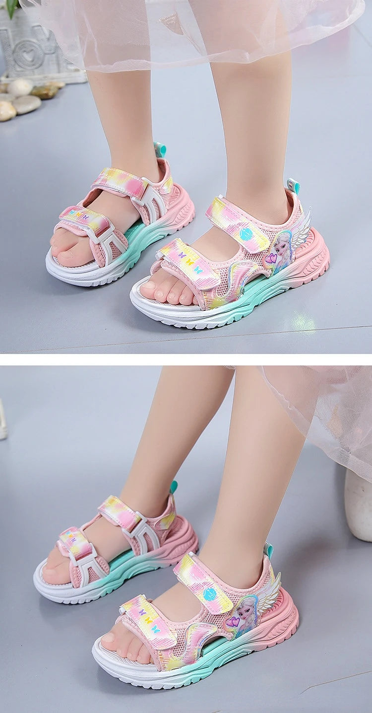 Disney Children Shoes Summer Elsa Girls Mesh Beach Sandals Fashion Frozen Princess Soft Bottom Light Peep Toe Sandals Size 26-36