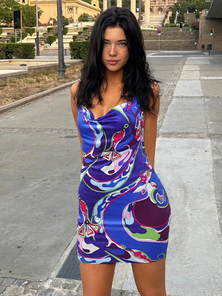 Women's Y2K Backless Dress Sleeveless Colorful Print Tight Mini Summer Sexy Clubwear High Stretch Polyester Spandex