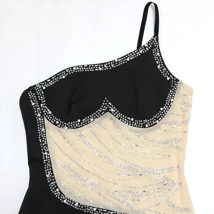 One Shoulder Mesh Rhinestone Inlaid Sleevless Backless Zipper Slim Night Club Dress