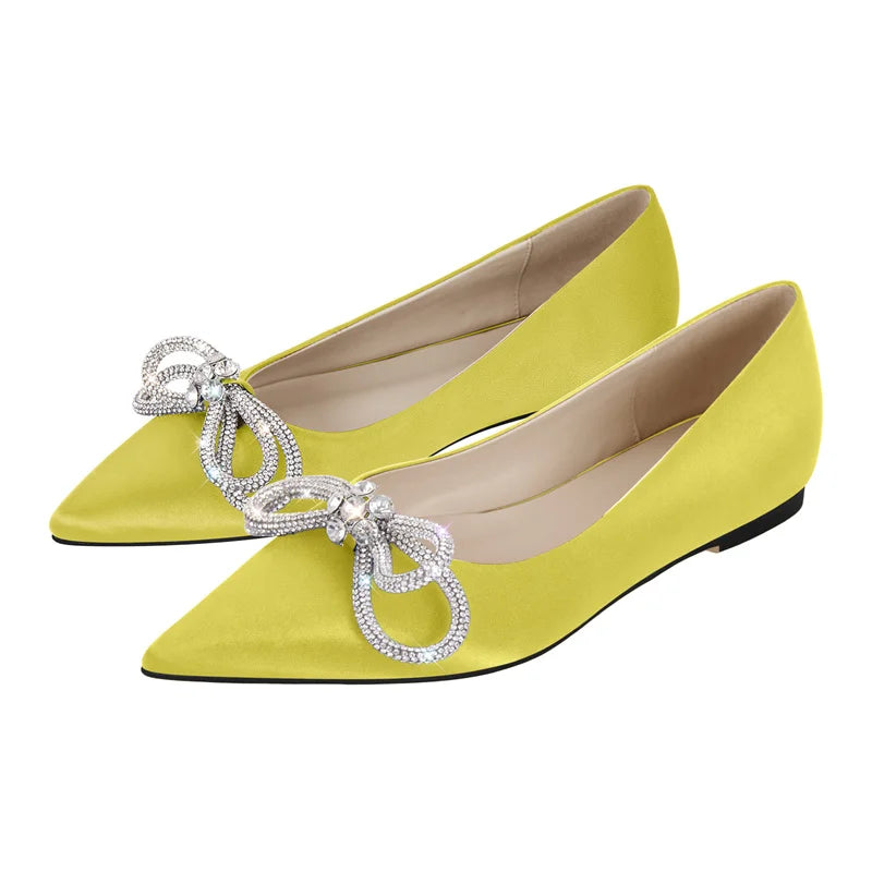 Woman Flats Pointed Toe Blue Rhinestones Bow Clear Flat Daily Elegant Female Slip On Shoes