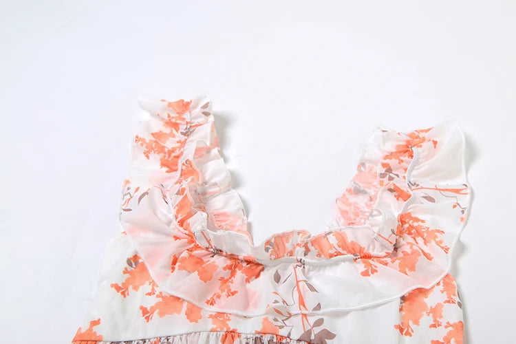 Vacation Thin Women Floral 2 Piece Set Elastic Ruffles Tank Tops + Peach Hip Skirts Matching Clubwear Romantic Outfits