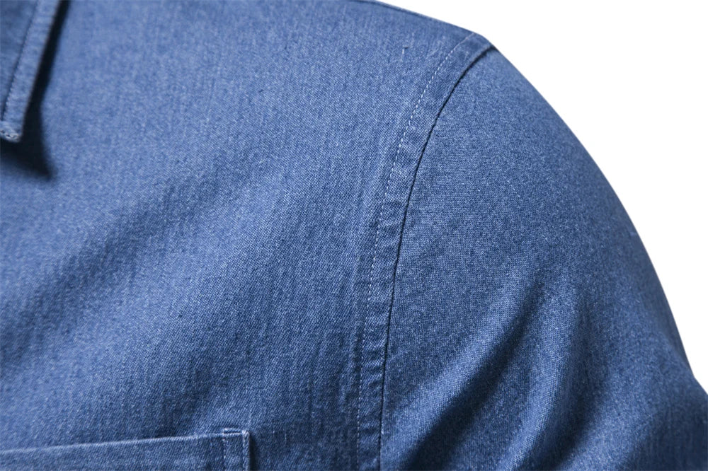 Men's Autumn Cotton Denim Shirt Solid Colour Single Pocket Casual Long Sleeve Jeans Shirt for Men