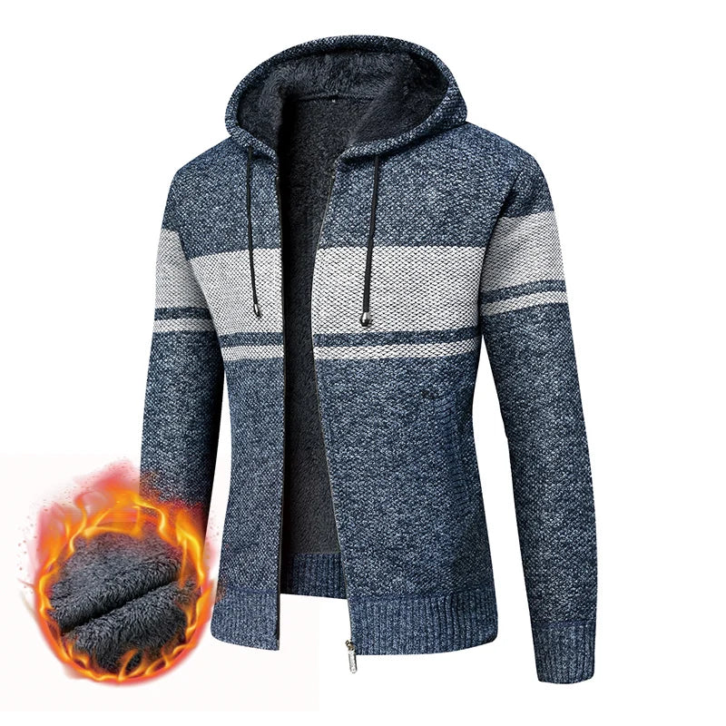 Men's High Quality Thick Plus Velvet New Brand Casual Fashion Hooded Jacket, Zipper Warm Patchwork Windbreaker Male Coats