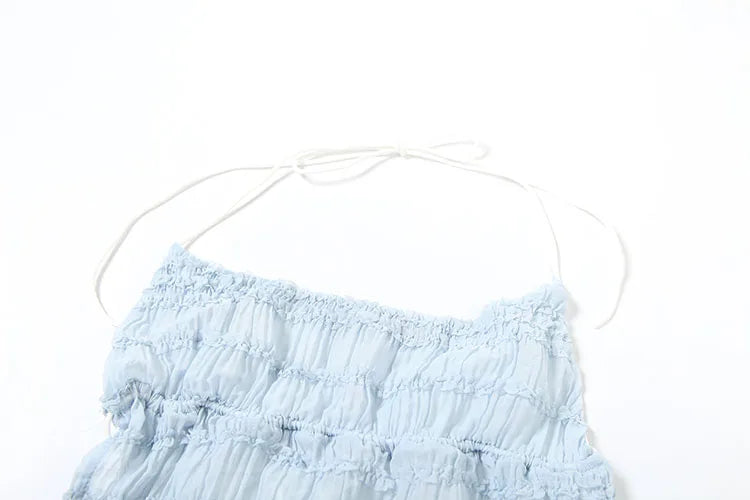 Sexy See-Through 2 Piece Set Women Lace-Up Halter Backless Crop Tops + Ruched Elegant Skirts Vacation Beach Party Suits