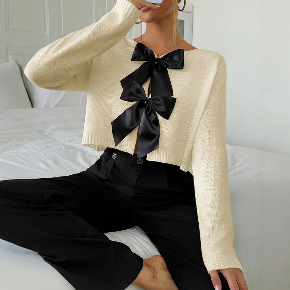 Autumn Cardigan 2025 Women's Mature Vibe Plain Bowknot Long Sleeve V-Neck Regular Fit Daily Basic Cardigan