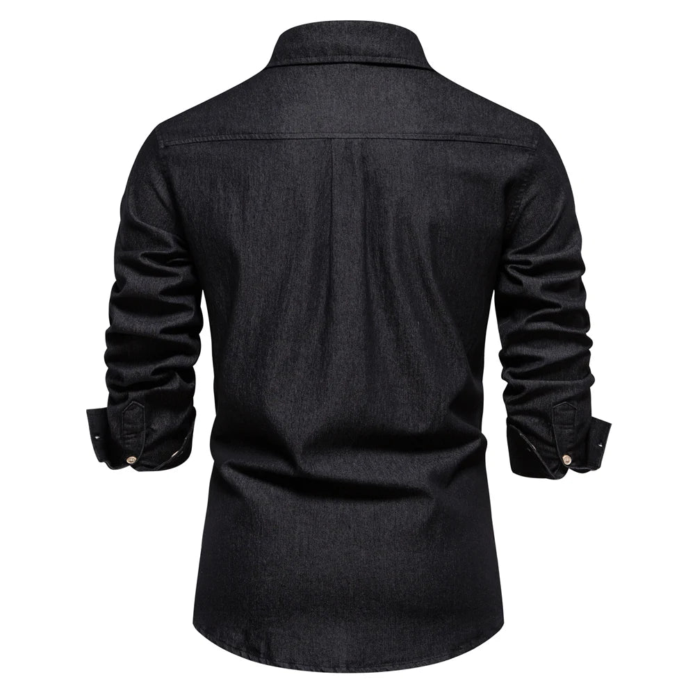 Men's Autumn Cotton Denim Shirt Solid Colour Single Pocket Casual Long Sleeve Jeans Shirt for Men