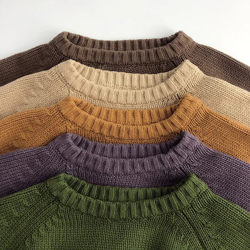 Pure Cotton Solid Kids Sweaters Vintage Boys Pullover Knitwear Toddler Girls Sweater Shirt Outwear For Children 1-6Y Unisex