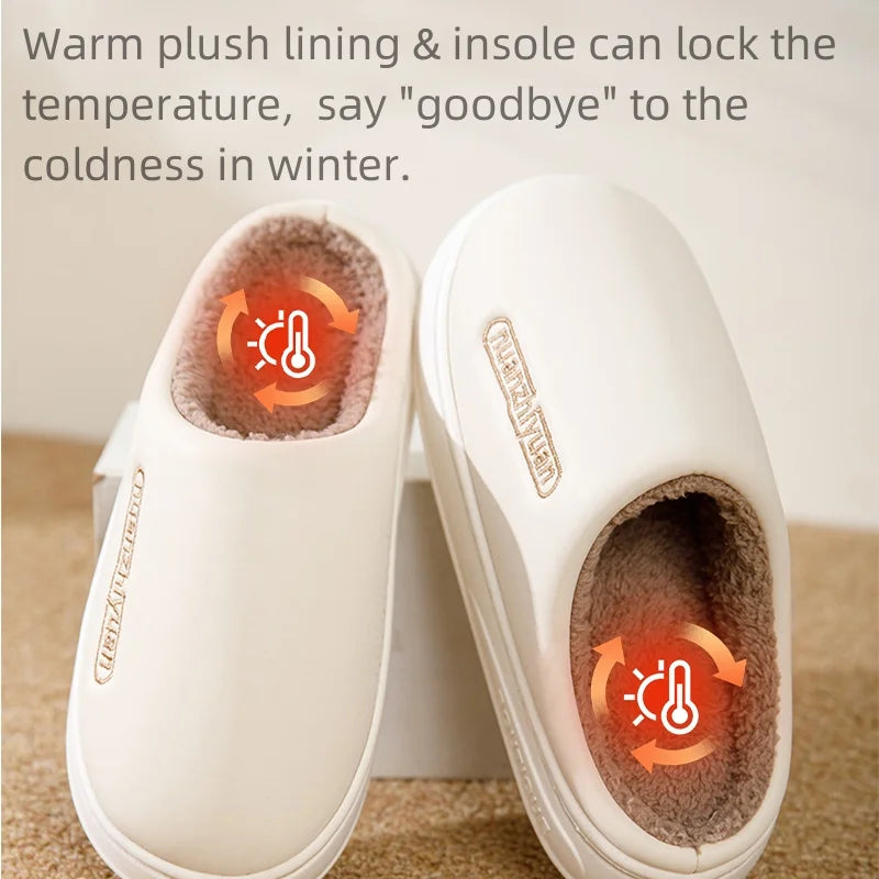 Unisex Anti-slip Waterproof Winter Cotton Slippers Women Men Home Indoor Warm House Shoes Couple Soft Flat PVC Sole Footwear