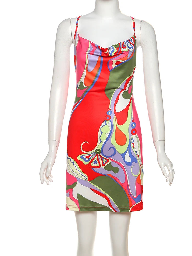 Women's Y2K Backless Dress Sleeveless Colorful Print Tight Mini Summer Sexy Clubwear High Stretch Polyester Spandex