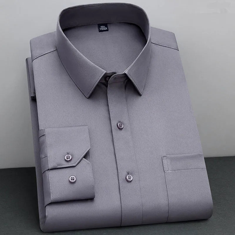 Men's Classic Solid Non-Iron Business Casual Shirt Anti-Wrinkle Soft Wear Long Sleeve Square Collar Tat Fabric Single Breasted
