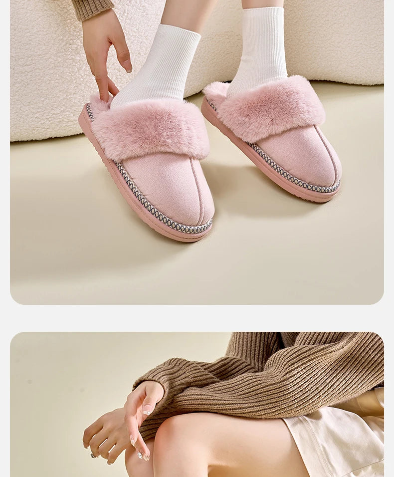 Women's Warm Fuzzy Slippers Winter Fur Collar Indoor Plush Flat Slides Fluffy Ladies' Cotton Shoes Furry House Slippers