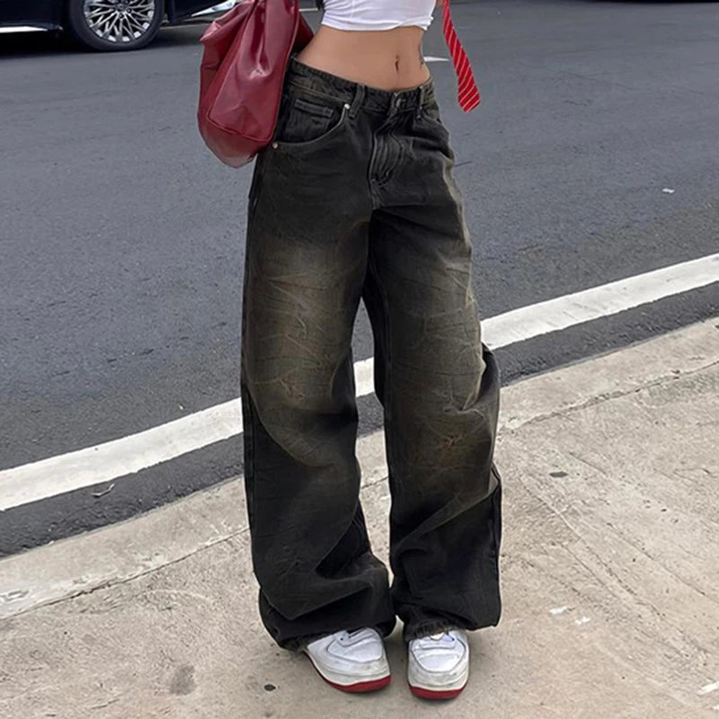 Women's American Vintage Loose Black Jeans Streetwear High Waist Straight Wide Leg Pants Casual Simple All-match Denim Pants