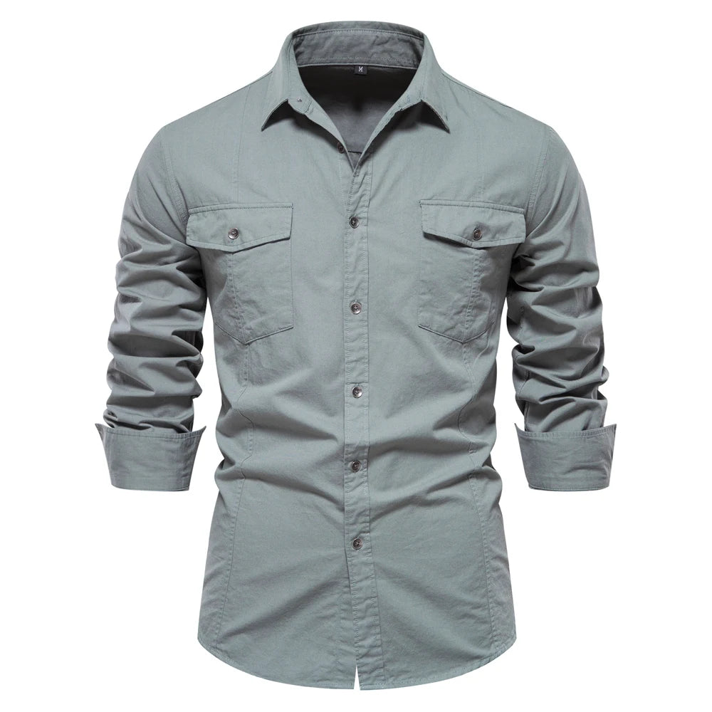 Men's Autumn Military Style 100% Cotton Pocket Shirt Solid Colour Slim Casual Long Sleeve Male Shirt For Men