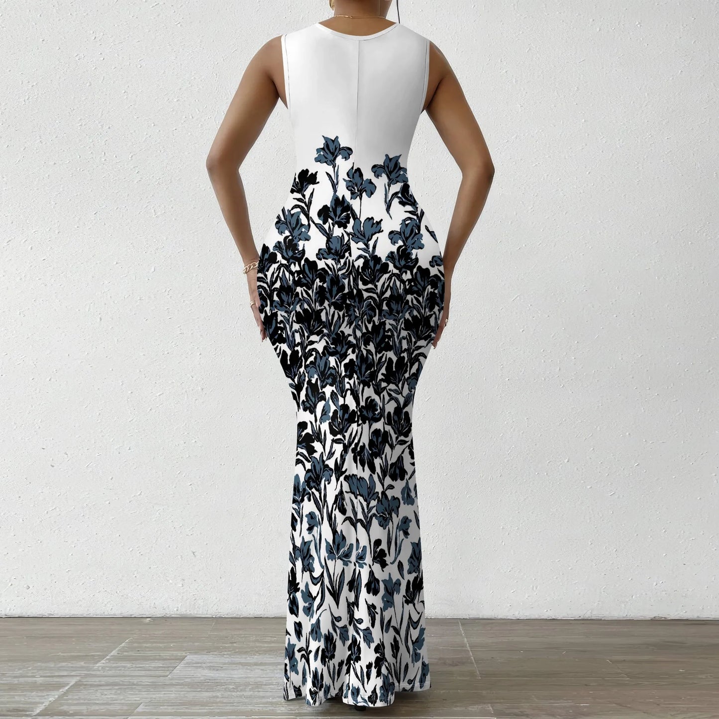 Women's V-Neck Sleeveless Maxi Dress Purple Sketch Floral Print Elegant Bodycon Summer Party Dress