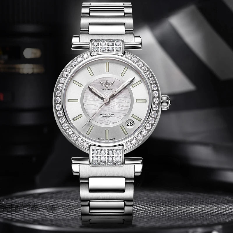 Yelang V1026 Women's Mechanical Watch – NH35 Japan Movement, 10 BAR Waterproof, Luxury Stainless Steel Wristwatch with Watch Ring – Reloj Mujer