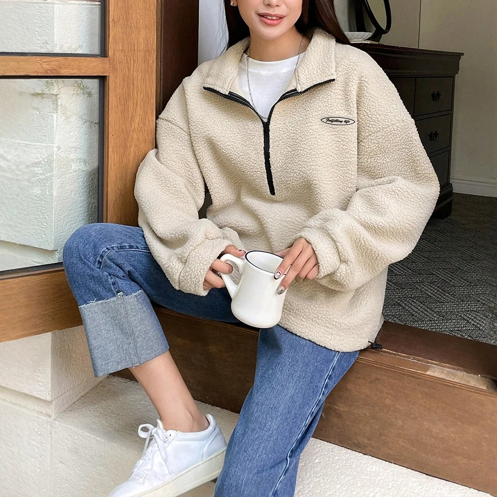 Autumn Winter Hoodies 2025 Women's Comfy Solid Colour Long Sleeve Zipper Half Open Collar Loose Fit Casual Hoodies