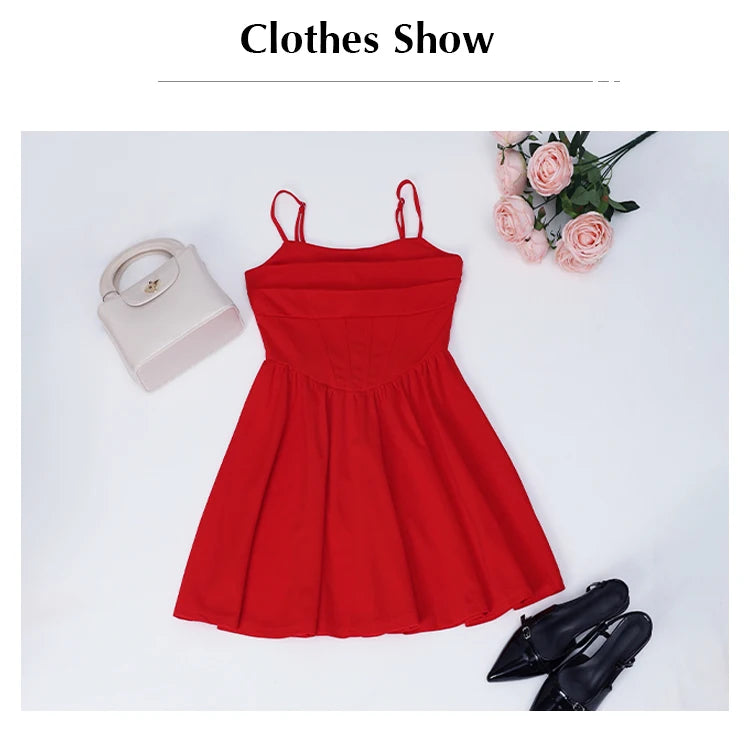 Women's A-Line Mini Short Dresses Square Neck Sleeveless Solid Red Elegant Party Summer Sexy Milkmaid Pleated Dresses