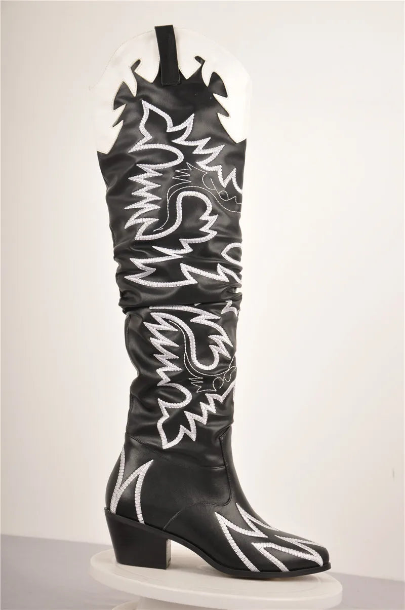 Woman Knee High Boots Western Cowboy Boots Wide Calf Embroidered Women Pointed Toe Block Heel Pull-On Cowgirl Boots