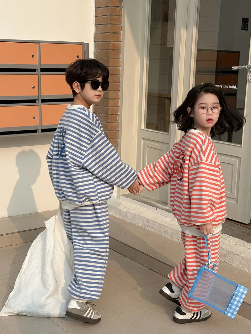 Spring Children's Clothes Boys' Tracksuit Kid's O-Neck Hoodie Set Girls' Korea Striped Letter Printed Sweatshirt 2Pcs Suit 4-6Y Unisex