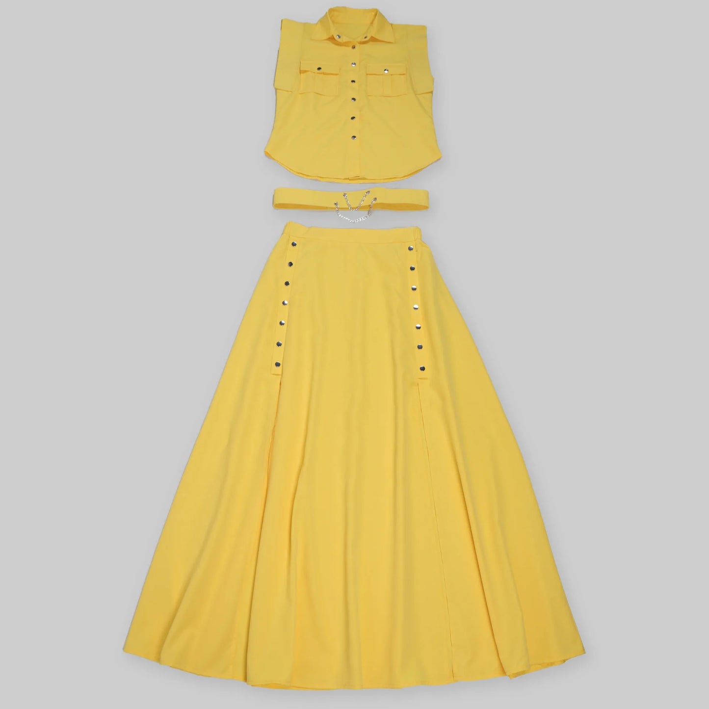 Women's Casual Solid Color Sleeveless Button Front Shirt Blouse and High Waist Big Swing Skirt 2pcs Set