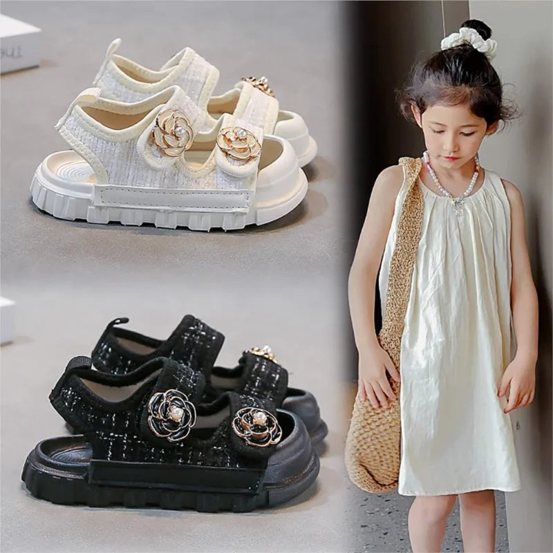 Korean Style Summer Sandals For Girls Luxury Pearl Flower Children's Beach Shoes Ergonomics Soft-soled Kid's Girl Sandals