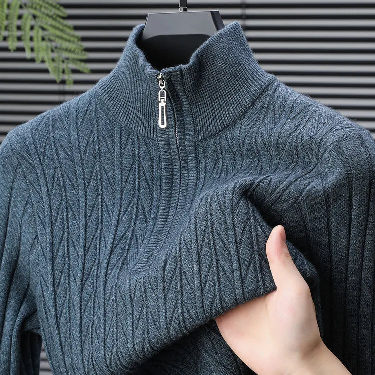 Men's High-Quality Semi-High-Neck, Business Casual Warm Sweater, Stretchy Striped Male Pullover Sizes M-4XL