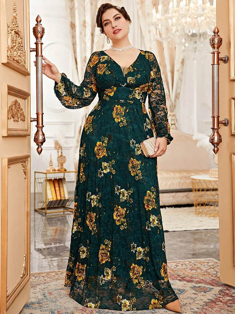 Spring Summer Lace Mesh Floral Print Lantern Sleeve Women Clothing 2024 New Plus Size Luxury Elegant Party Evening Dress