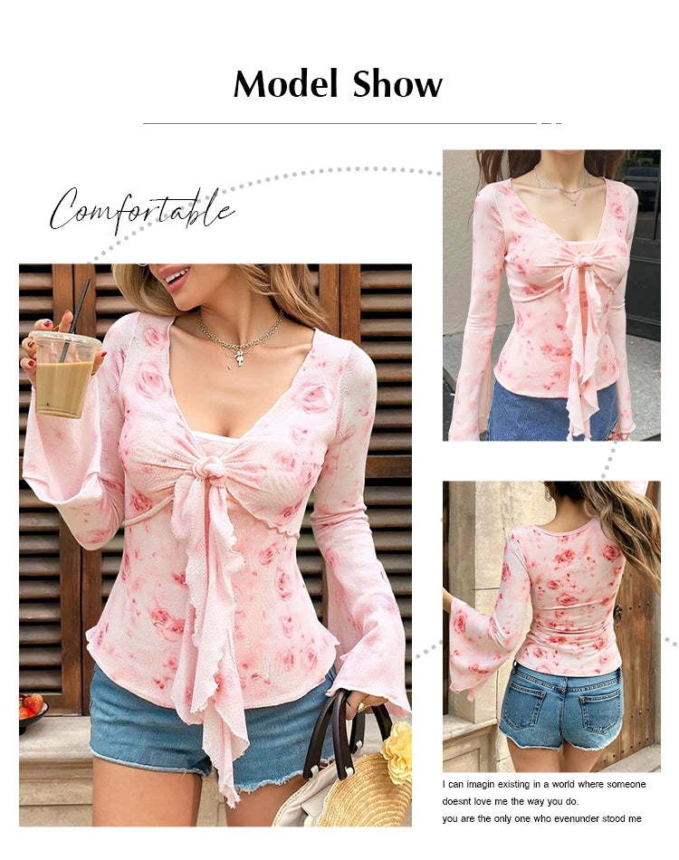 T-Shirts Spring Summer Korean Elegant Floral Folds Long Sleeve V-Neck Dating T-Shirts For Women