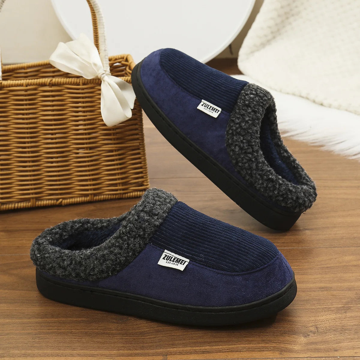 Men's Fuzzy Cotton Warm Shoes Winter Indoor Non-Slip Fluffy House Slides Fur Plush Male Cotton Slippers