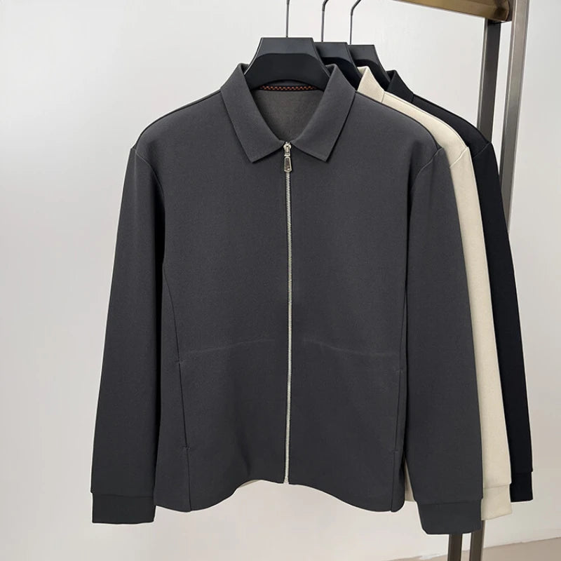 Men's Solid Colour Business Casual Autumn and Winter Jacket, Suitable For Daily Commuting, Stretchy Knitted Zip-Up Male Cardigan