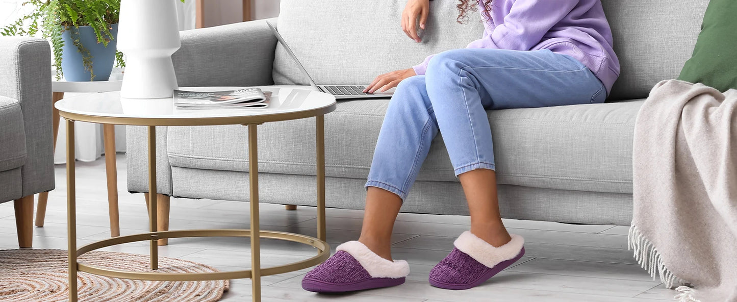 Women's Fleece Lined Warm House Cotton Slippers With Memory Foam and Non-Slip Cosy Fluffy Sole Plush Knit Slides Suitable For Bedroom Use