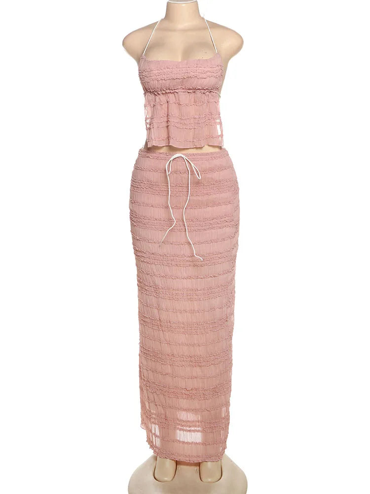 Sexy See-Through 2 Piece Set Women Lace-Up Halter Backless Crop Tops + Ruched Elegant Skirts Vacation Beach Party Suits
