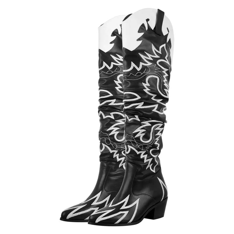 Woman Knee High Boots Western Cowboy Boots Wide Calf Embroidered Women Pointed Toe Block Heel Pull-On Cowgirl Boots