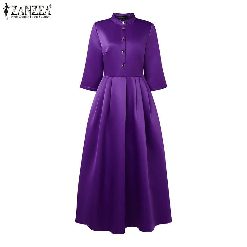 Elegant Women Party Maxi Dresses 2025 Autumn Fashion Stand Collar 3/4 Sleeve Half-Button Fitted Waist A-Line Robes Femme