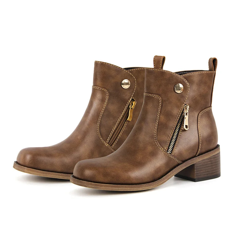 Women Round Toe Side Zipper Ankle Boots Gothic Heeled Conciser Winter Combat Boots