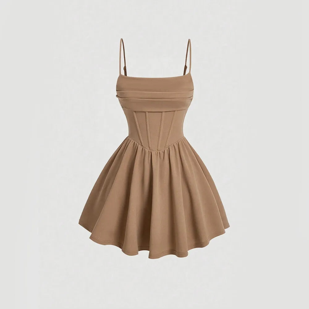 Women's A-Line Mini Short Dresses Square Neck Sleeveless Solid Red Elegant Party Summer Sexy Milkmaid Pleated Dresses