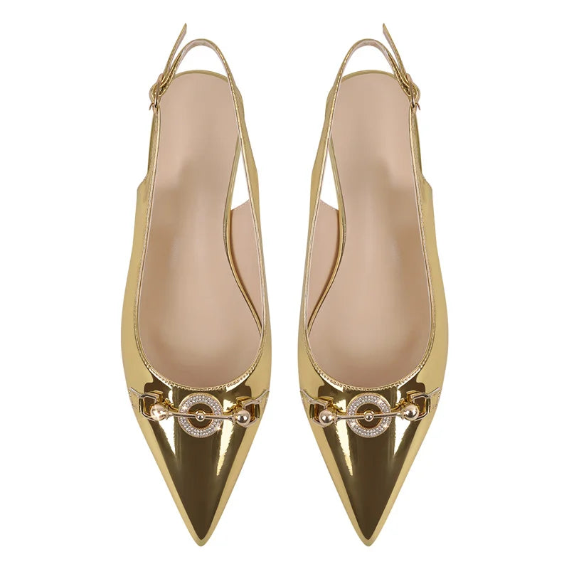 Women Pointed Toe Slingback Sandals Big Size Patent Leather Ankle Strap Party Dress Shoes