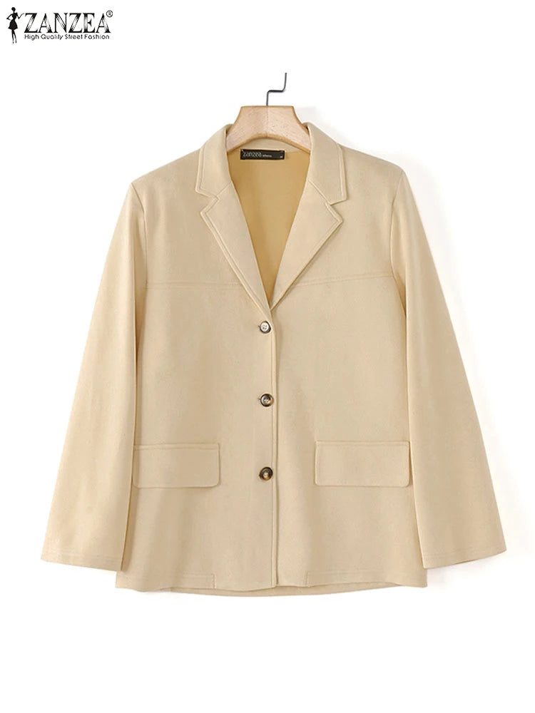Casual Suede Women's Blazer 2025 Spring Fall Long Sleeve Lapel Neck Suit Jackets Elegant Single-Breasted Streetwear Coats