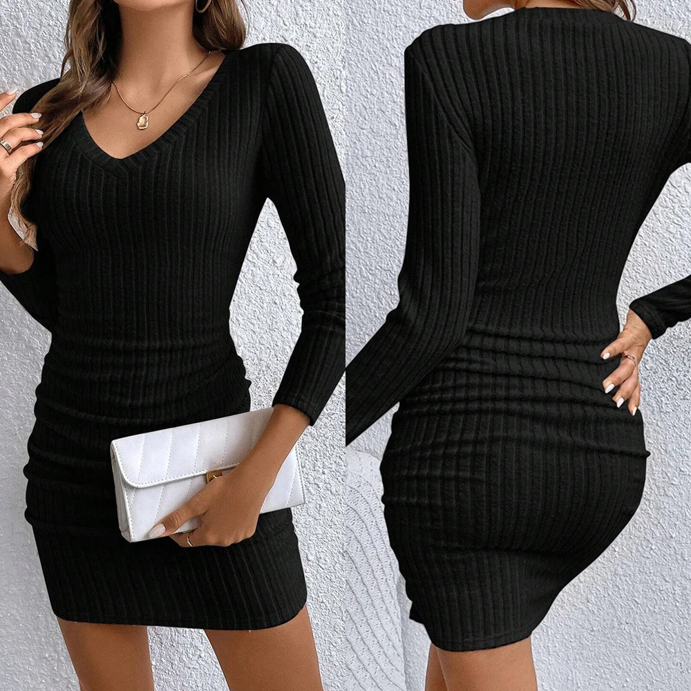 Women's Dresses Fall Winter Ribbed Knitted Slim Plain Sexy V-Neck Bodysuit Mini Casual Long Sleeve Short Dresses