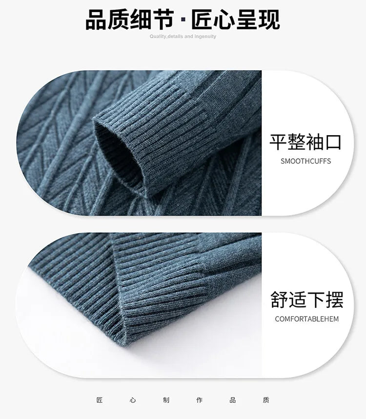 Men's High-Quality Semi-High-Neck, Business Casual Warm Sweater, Stretchy Striped Male Pullover Sizes M-4XL