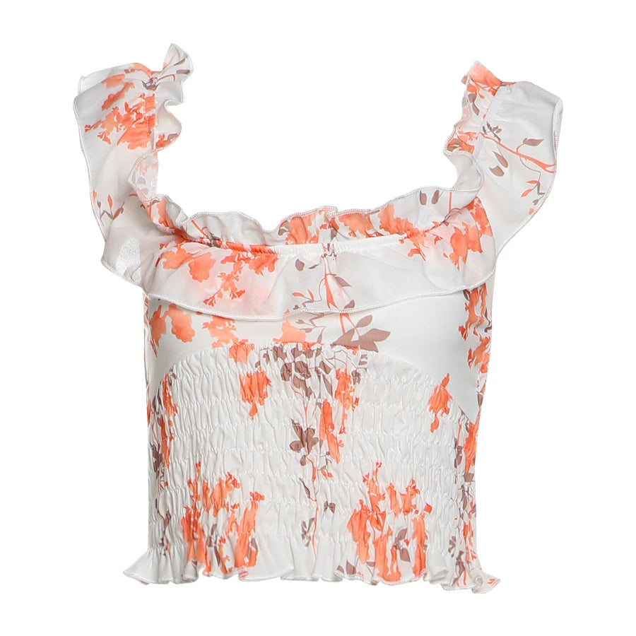 Vacation Thin Women Floral 2 Piece Set Elastic Ruffles Tank Tops + Peach Hip Skirts Matching Clubwear Romantic Outfits