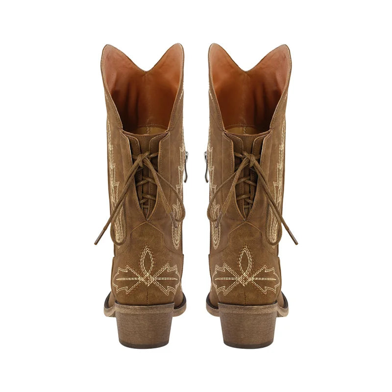 Women Pointed Toe Black Embroidery Western Boots Tapered Heel Round Up Mid-Calf Western Cowgirl Boots