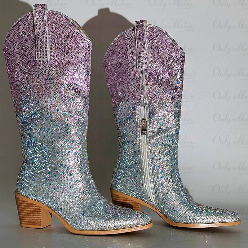 Women Pointed Toe Rhinestone Knee High Western Cowgirl Boots Glitter Bling Shiny Block Heel Lady Boots