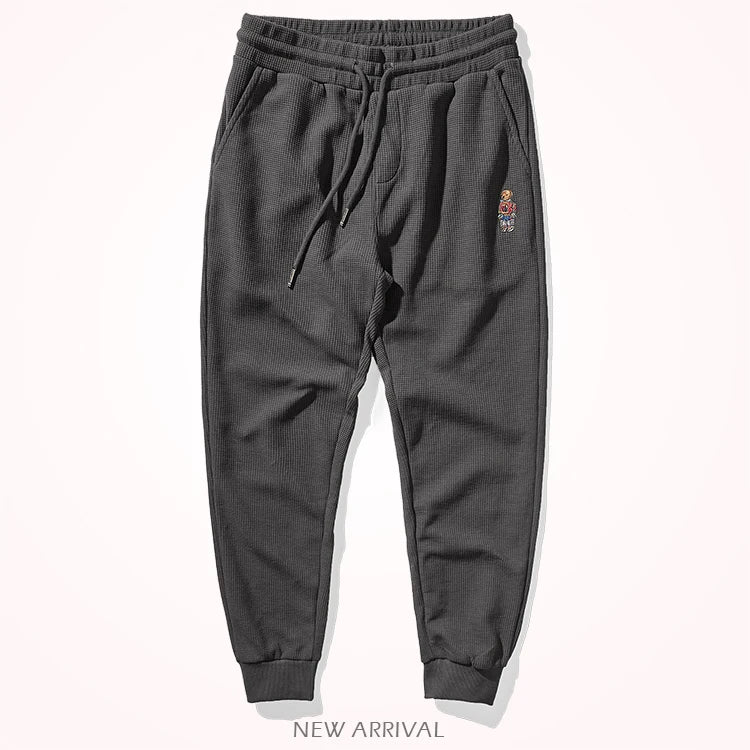 Autumn American Simple Waffle Embroidery Sweatpants Men's Fashion Pure Cotton Loose Elastic Waist Drawstring Sport Casual Pants