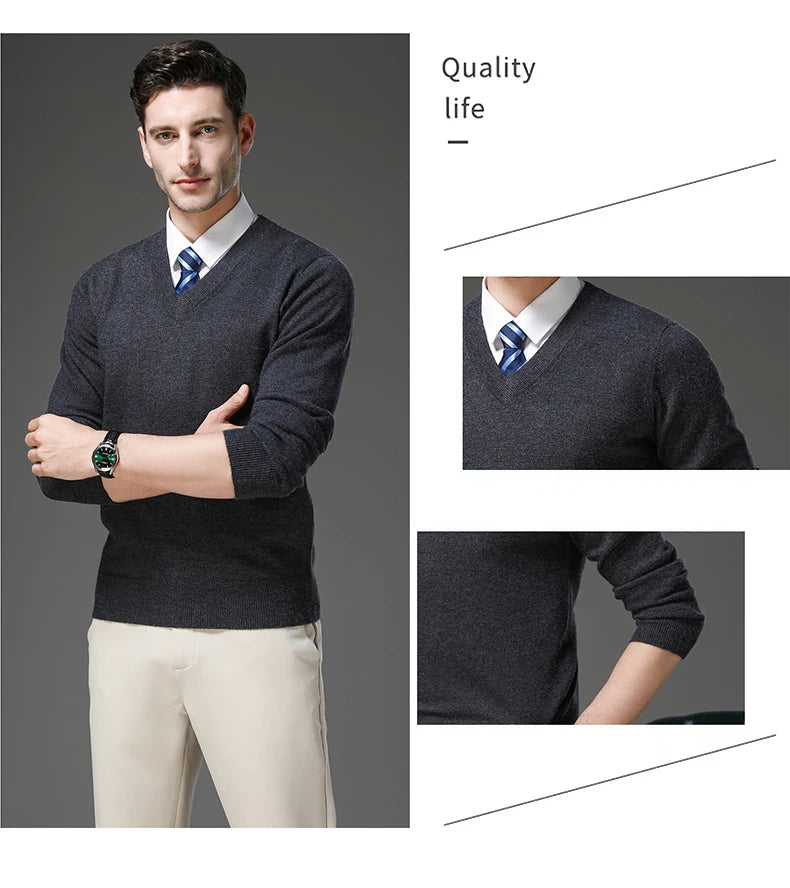 Men's Warm V-Neck Solid Colour Sweater, Autumn & Winter Stretch Top, Daily Leisure Pullover Knitwear, Male Business Casual